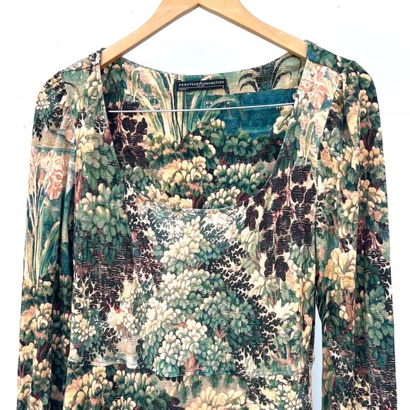 Peruvian Connection Pastorale Long Sleeve Foliage Green Dress Mini Small Pockets - Picture 5 of 9